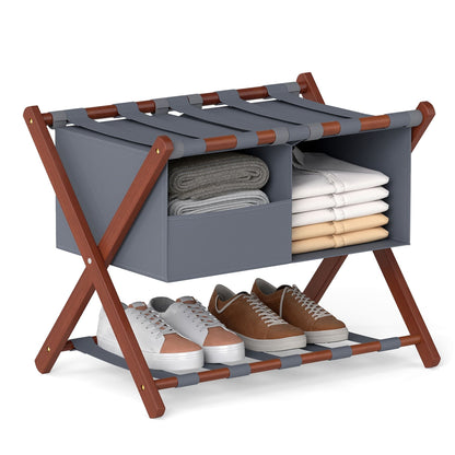 68 cm Foldable Bamboo Luggage Rack with Removable 2-Compartment Storage Bag-Rustic Brown