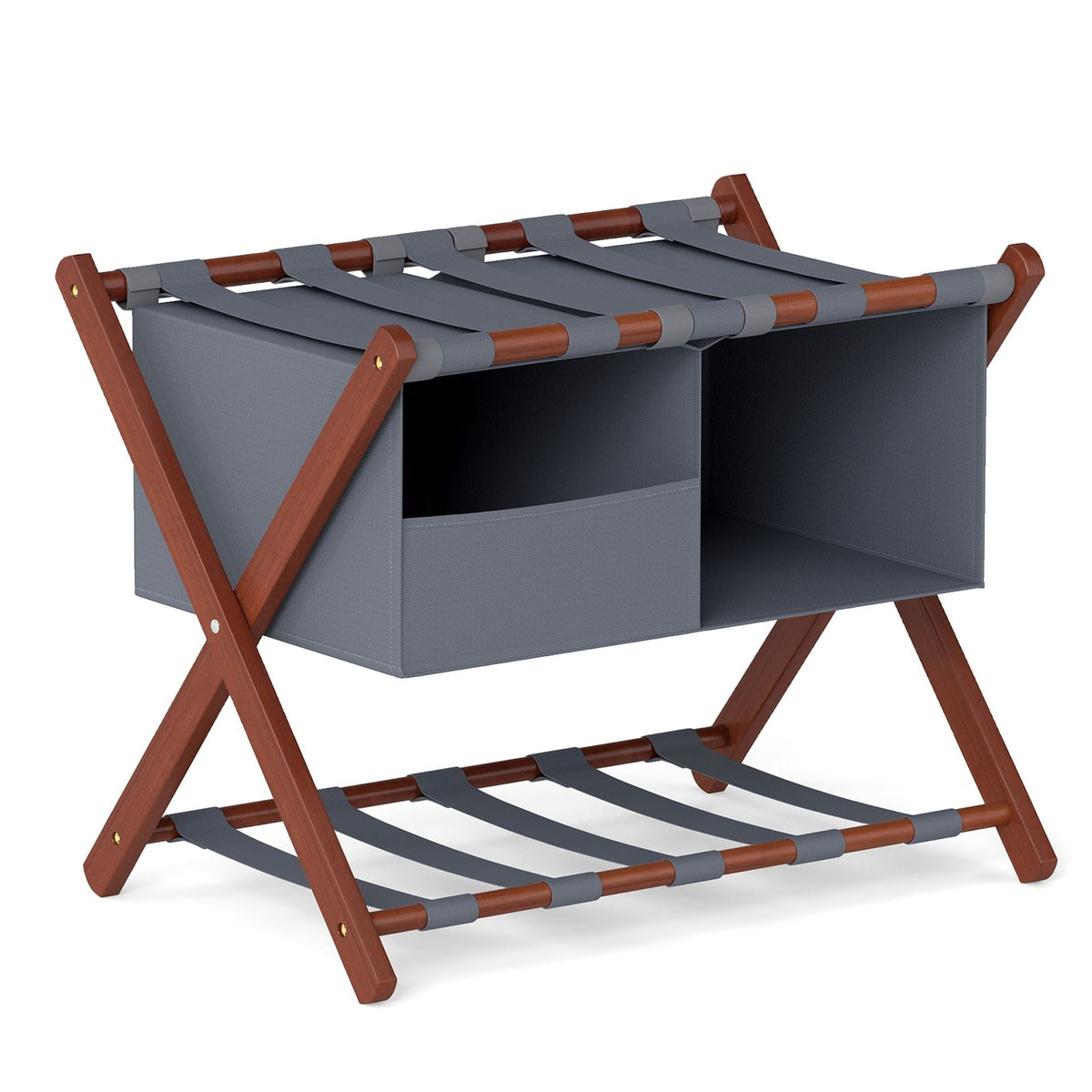 68 cm Foldable Bamboo Luggage Rack with Removable 2-Compartment Storage Bag-Rustic Brown