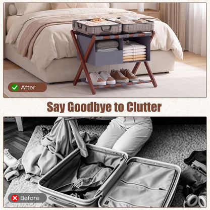 68 cm Foldable Bamboo Luggage Rack with Removable 2-Compartment Storage Bag-Rustic Brown
