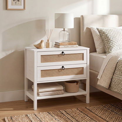 68 cm Wide Boho Rattan Nightstand with 2 Drawers and Open Storage Shelf-White