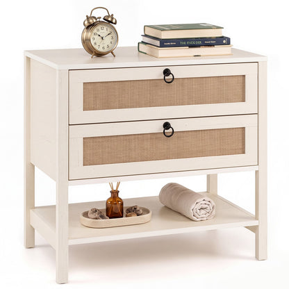 68 cm Wide Boho Rattan Nightstand with 2 Drawers and Open Storage Shelf-White
