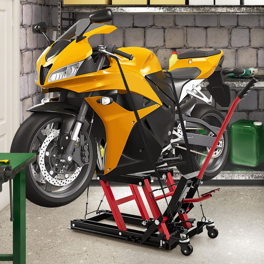 680KG Motorcycle Lift Jack with 4 Wheels and Footplates-Red