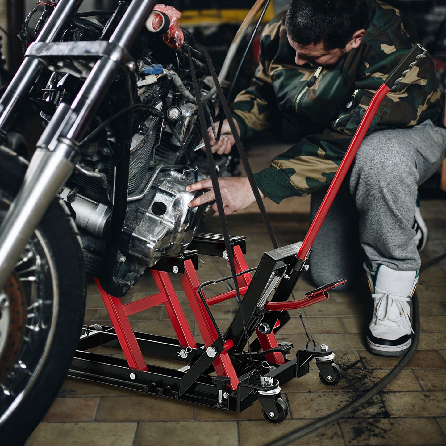 680KG Motorcycle Lift Jack with 4 Wheels and Footplates-Red