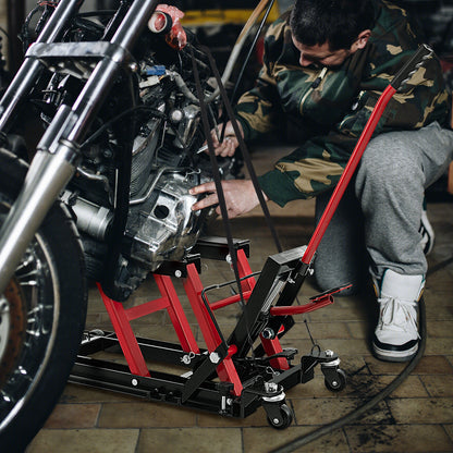 680KG Motorcycle Lift Jack with 4 Wheels and Footplates-Red