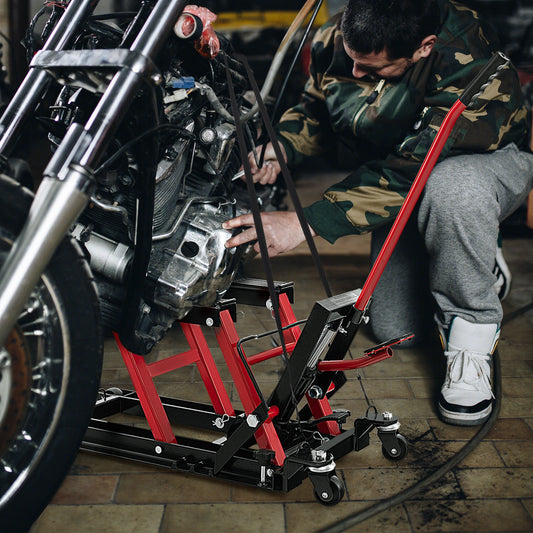 680KG Motorcycle Lift Jack with 4 Wheels and Footplates-Red