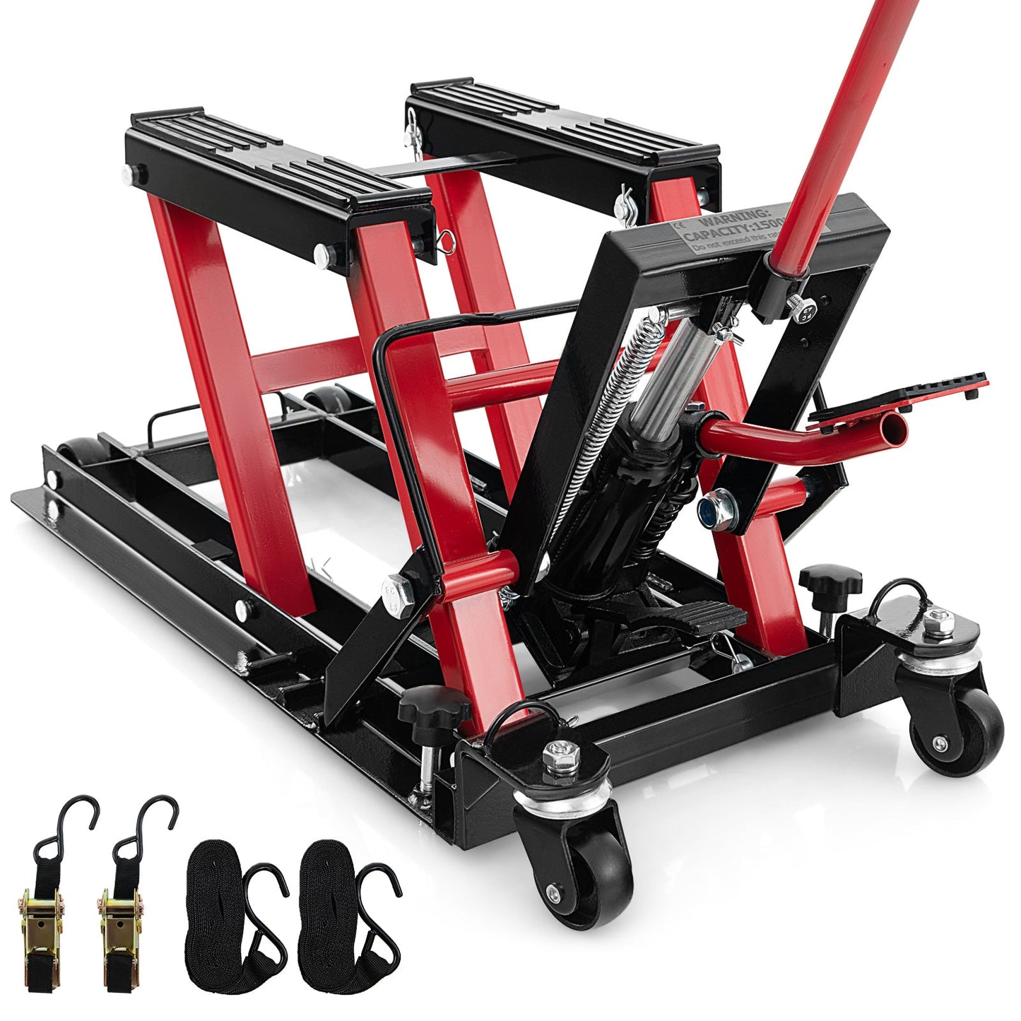 680KG Motorcycle Lift Jack with 4 Wheels and Footplates-Red