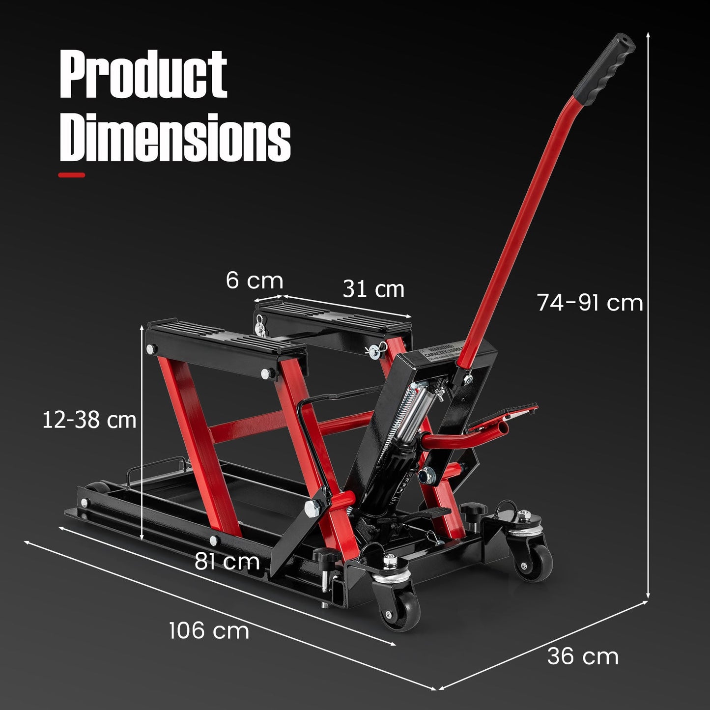 680KG Motorcycle Lift Jack with 4 Wheels and Footplates-Red