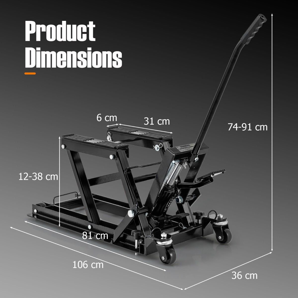 680KG Motorcycle Lift Jack with 4 Wheels and Footplates-Black