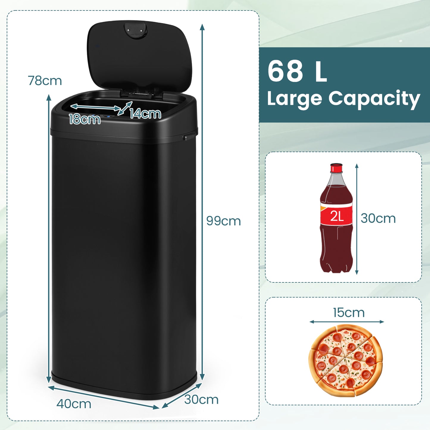 68L Trash Can with Dual-Zone Design Automatic Touchless Garbage Can-Black