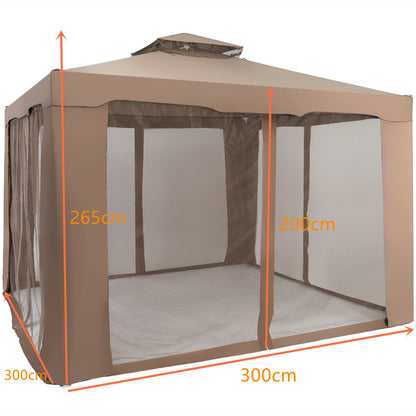 3m x 3m Gazebo Tent with Steel Frame and Double Tiered Canopy Brown