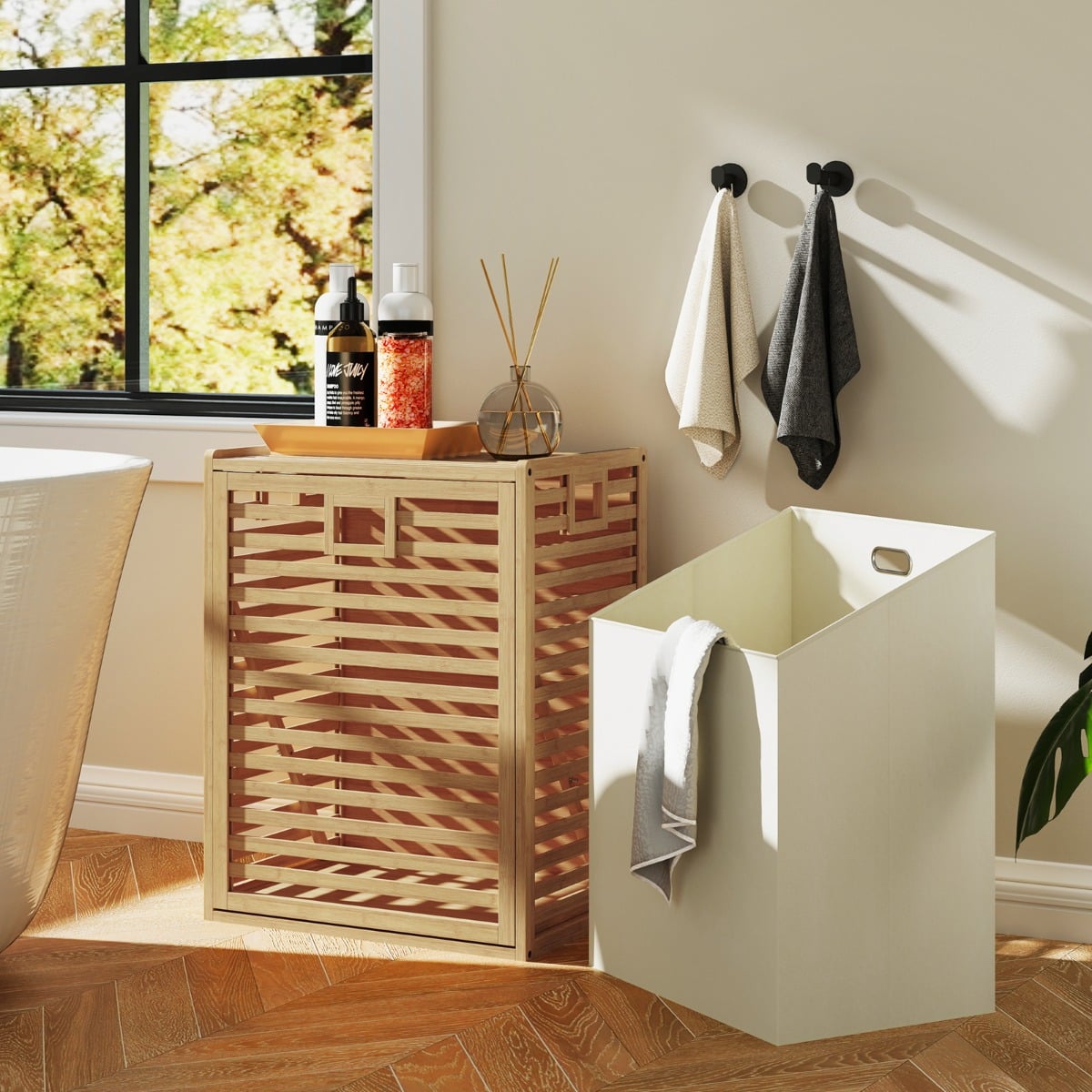 68 L Bamboo Tilt-out Bathroom Laundry Hamper with Foldable Bin-Natural