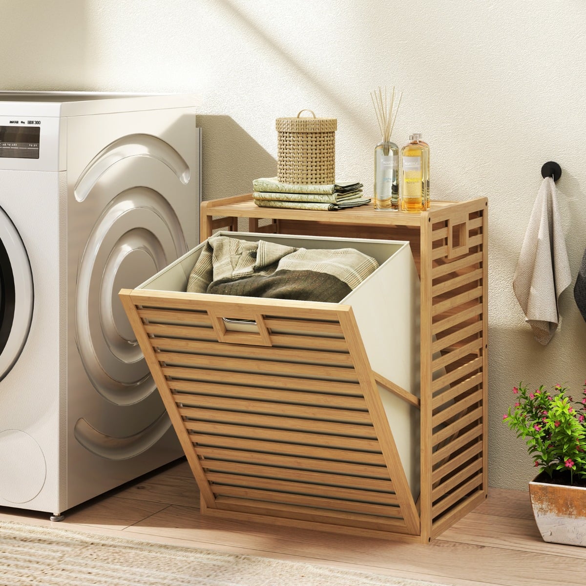 68 L Bamboo Tilt-out Bathroom Laundry Hamper with Foldable Bin-Natural