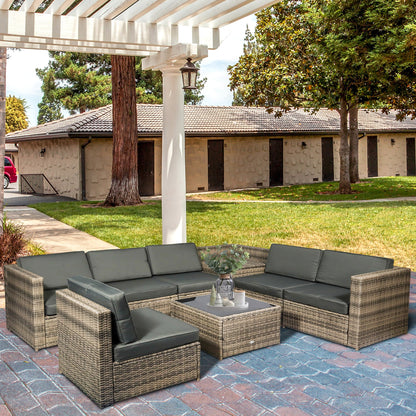 Outsunny 8 Pieces Outdoor PE Rattan Sofa Set with Cushions, Patio Garden Furniture Sets with Glass Top Coffee Table, Storage Corner Table, Mixed Brown