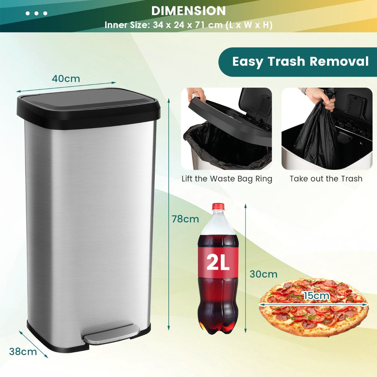 68L Step Trash Can with Soft Close Lid and Deodorizer Compartment-Silver