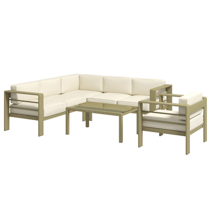An Outsunny 5-piece garden sofa set with cushions, featuring two loveseats, a corner chair, an armchair, and a glass top coffee table, in gold and cream white colors.