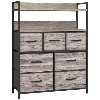 HOMCOM Rustic Chest of Seven Fabric Drawers - Grey Wood Effect