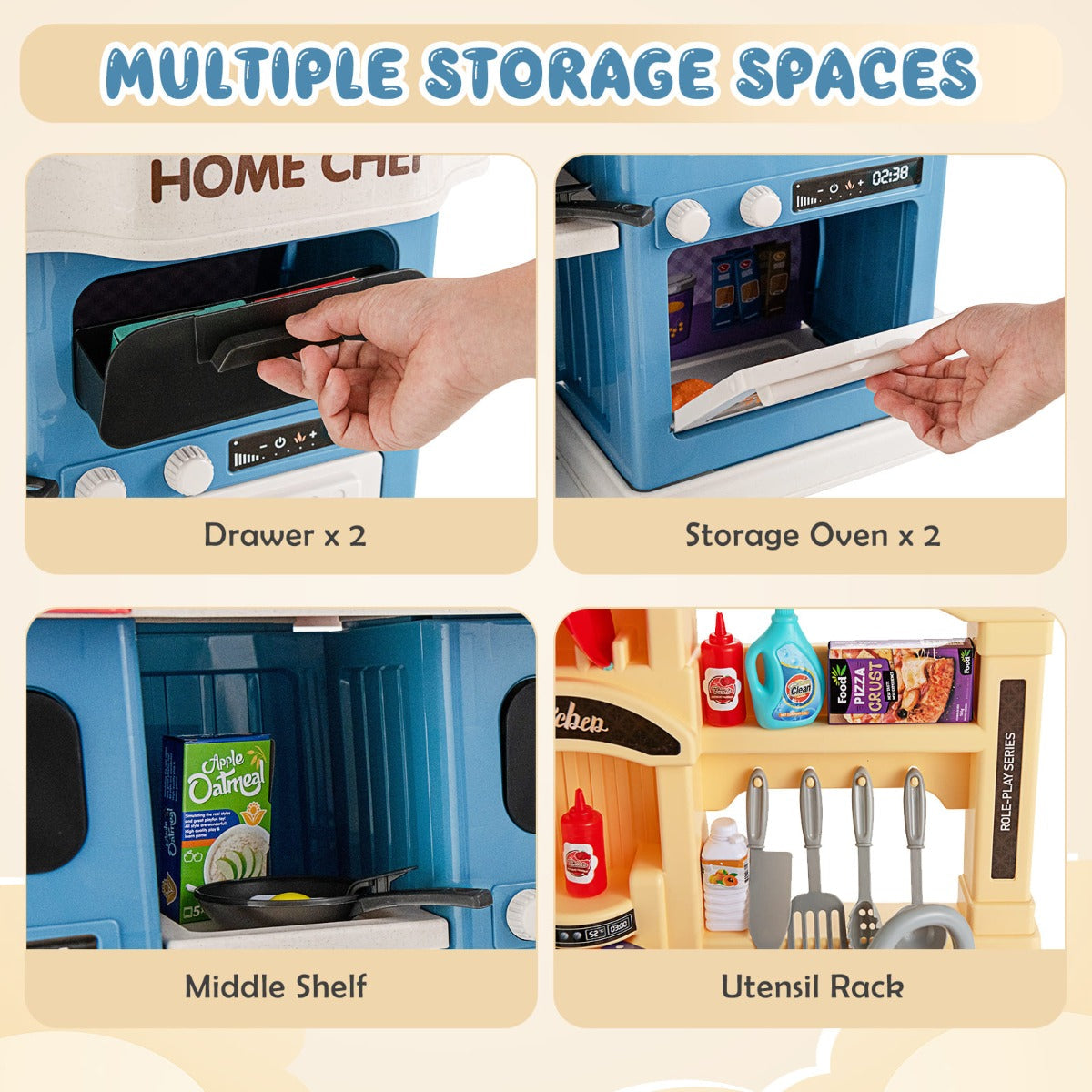 69 Pieces Kitchen Playset Toys with Realistic Lights and Sounds-Blue