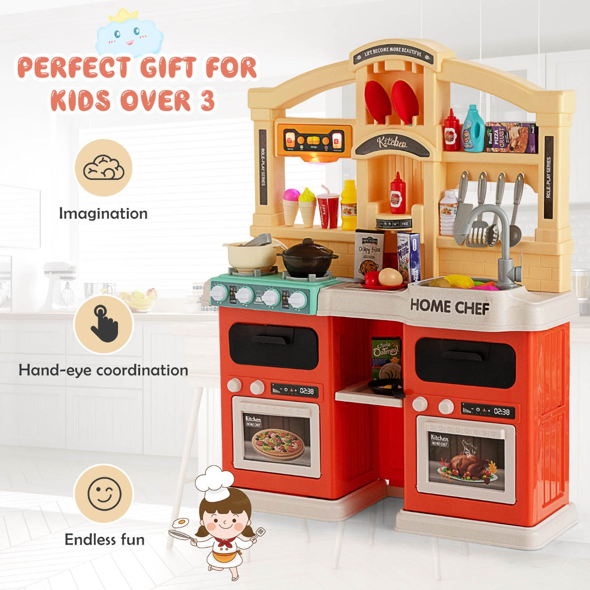 69 Pieces Kitchen Playset Toys with Realistic Lights and Sounds-Orange