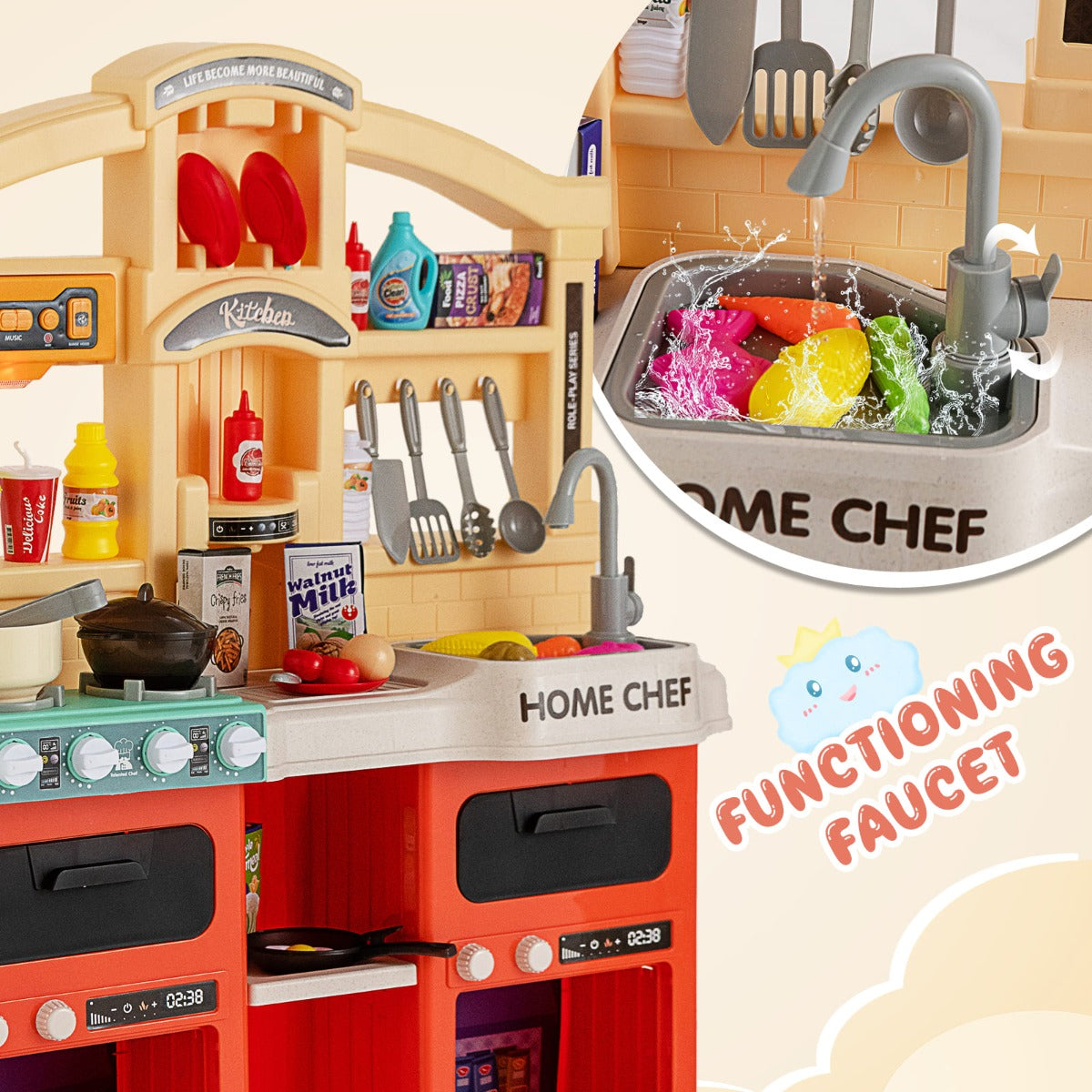 69 Pieces Kitchen Playset Toys with Realistic Lights and Sounds-Orange