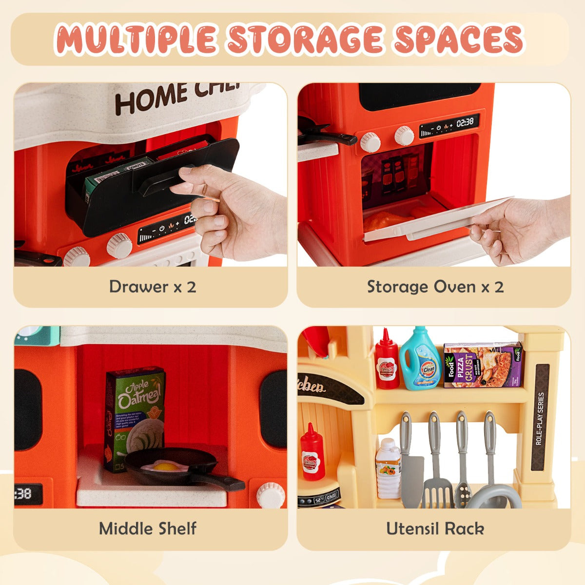 69 Pieces Kitchen Playset Toys with Realistic Lights and Sounds-Orange