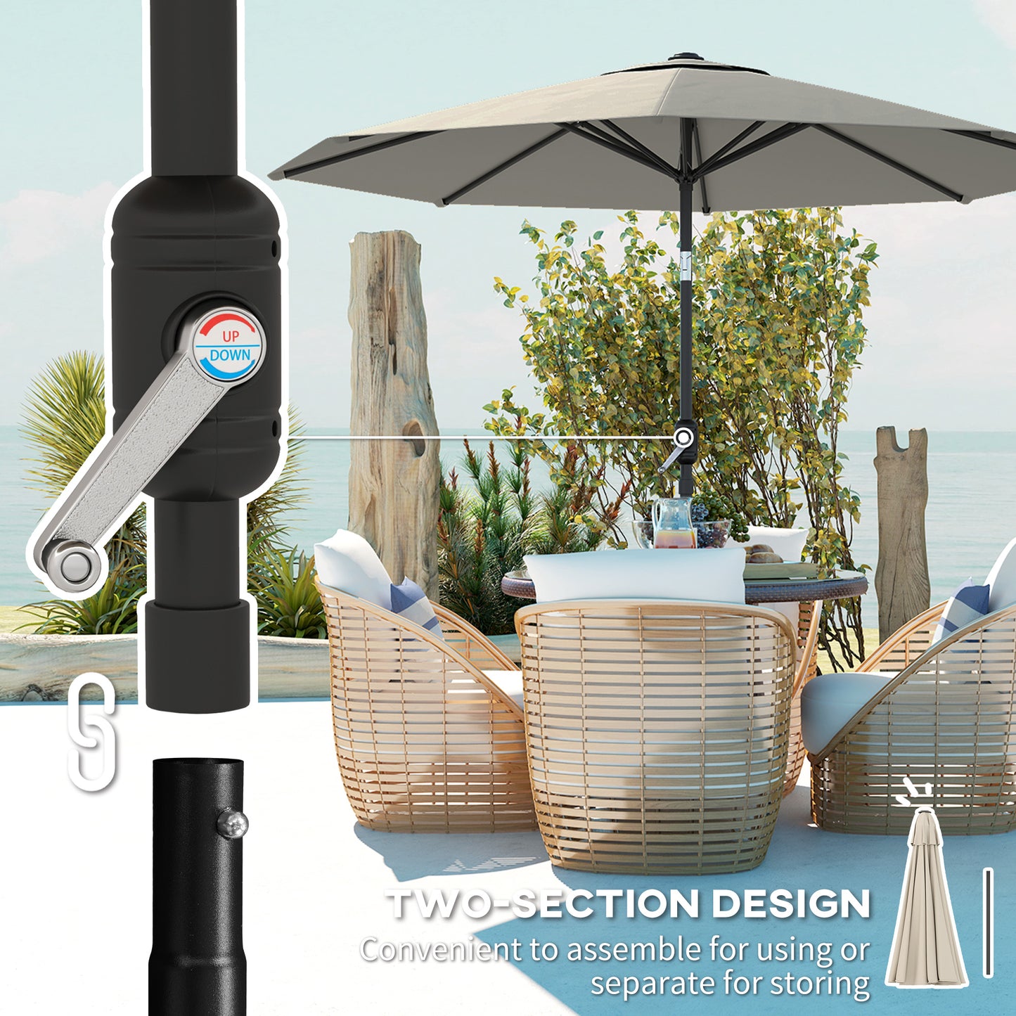 Outsunny 2.6M Parasol ogrodowy z pochylanym i korbowym uchwytem, ​​zewnętrzny parasol przeciwsłoneczny z aluminiową ramą, jasnoszary