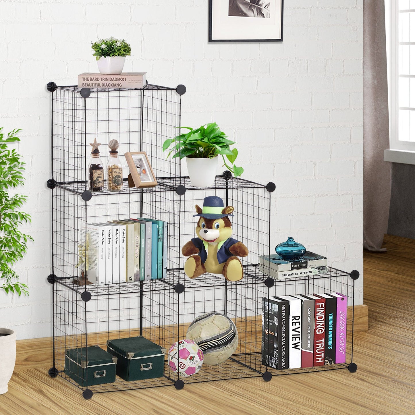 HOMCOM DIY 6 Cube Metal Wire Rack خزانة تخزين متشابكة لغرفة المعيشة منظم رفوف العرض باللون الأسود