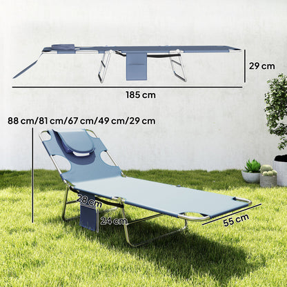 Outsunny 5-Position Adjustable Sun Loungers Set of 2 with Reading Hole and Side Pocket, Grey