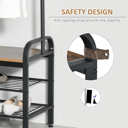HOMCOM Coat Rack Stand Industrial hallway Shoe Rack Removable Hooks Metal Wood Hangers Storage Cabinet Rustic Brown 72L_34W_185H(cm)