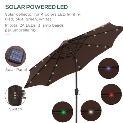 مظلة شمسية خارجية تعمل بالطاقة الشمسية بطول 2.7 متر مع 24 ضوء LED للحديقة ومناسبة للحفلة والنوادي والمناسبات ومظلة شمسية يدوية مع كرنك يدوي و8 أضلاع، لون بني