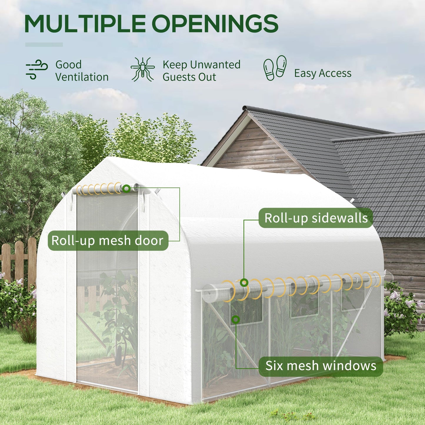 Outsunny 3 x 2(m) Tunel foliowy typu walk-in, ściany boczne zwijane na suwak, drzwi z siatki, 6 okien z siatki, namiot tunelowy z osłoną z polietylenu, bezpłatne etykiety na rośliny i rękawiczki, biały