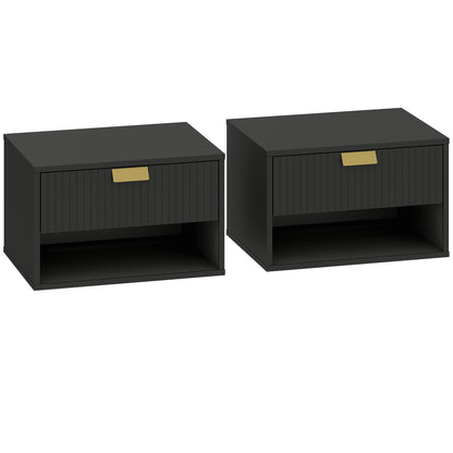 HOMCOM Set of 2 Wall Mounted Nightstands, Floating Bedside Tables with Fluted Drawer and Open Shelf for Small Bedroom, Black