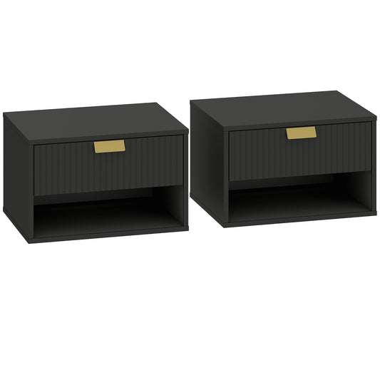 HOMCOM Set of 2 Wall Mounted Nightstands, Floating Bedside Tables with Fluted Drawer and Open Shelf for Small Bedroom, Black