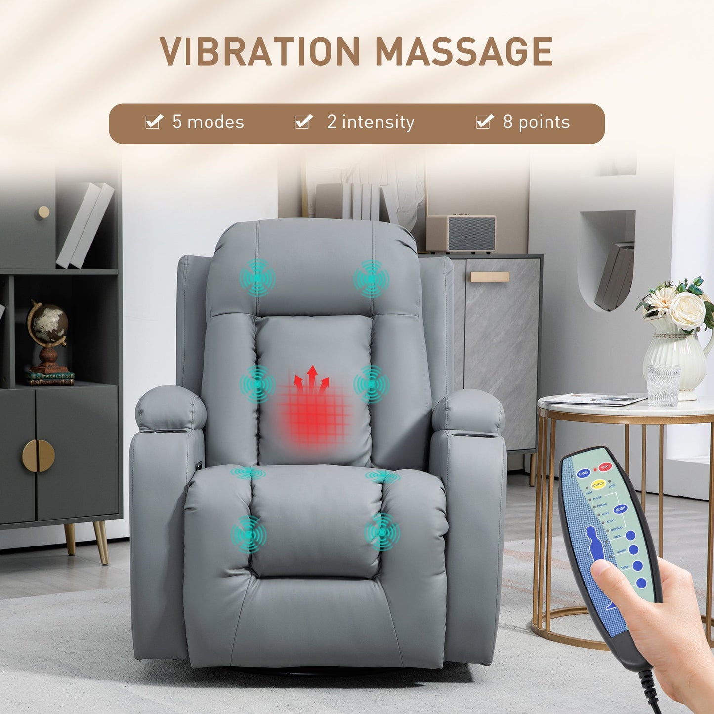 HOMCOM Massage Recliner Chair with 8 Vibration & Heat, PU Leather Recliner Armchair with Cup Holders and Side Pockets, Manual Reclining Chair with Remote, 360 Swivel, Rocking, Light Grey