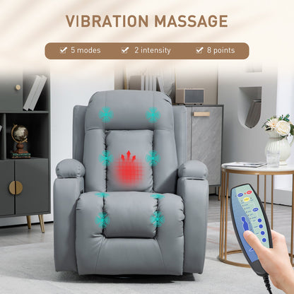 HOMCOM Massage Recliner Chair with 8 Vibration & Heat, PU Leather Recliner Armchair with Cup Holders and Side Pockets, Manual Reclining Chair with Remote, 360 Swivel, Rocking, Light Grey
