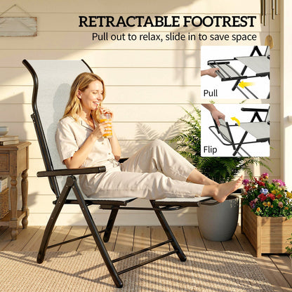 Outsunny Reclining Garden Chairs Set of 2, 5-Position Folding Sun Loungers with High Back, Retractable Footrest, Light Grey