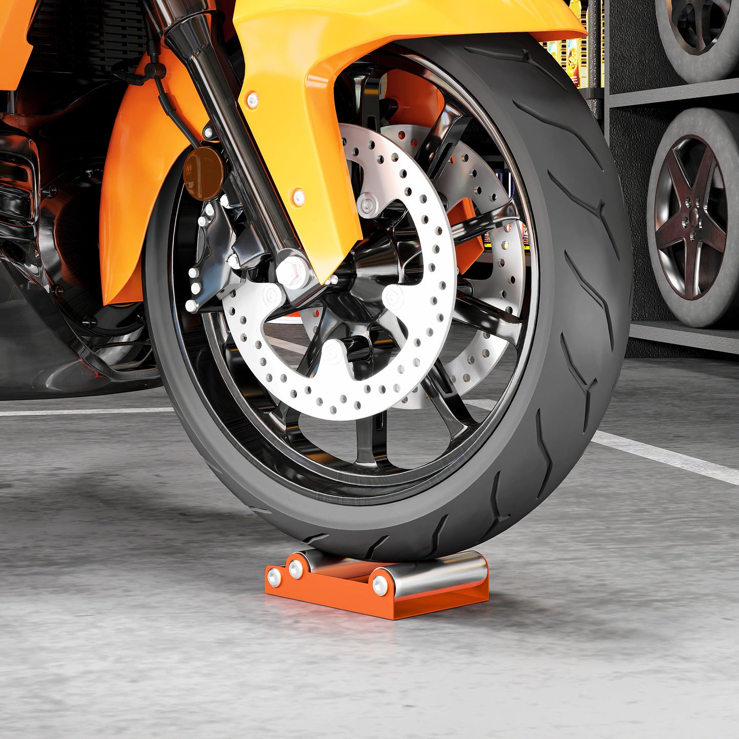 Stojak rolkowy do czyszczenia kół motocyklowych HOMCOM ze stalową ramą, rolki aluminiowe, stojak do konserwacji motocykli do czyszczenia opon i smarowania łańcucha, pasuje do szerokości opony &lt; 180 mm, rowery &lt; 485 funtów, pomarańczowy