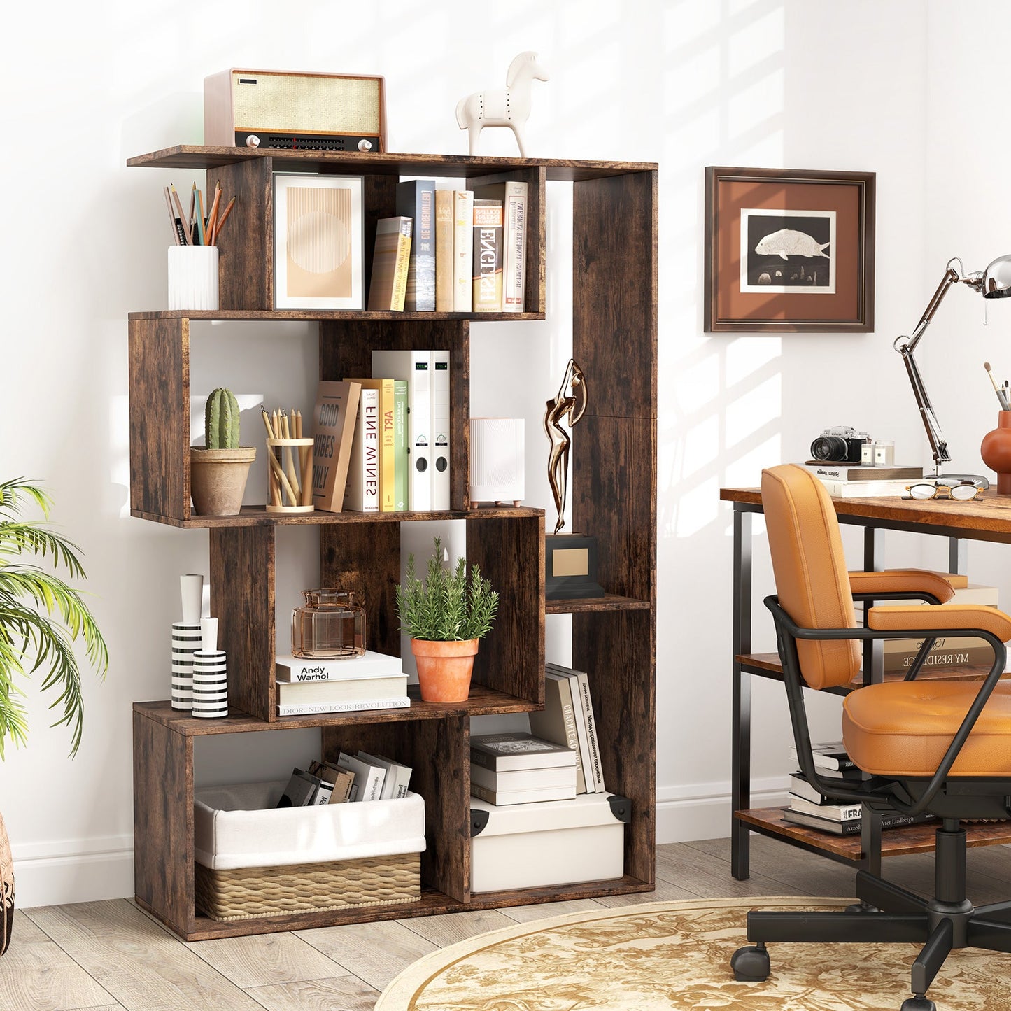 6-Cube Open-back Geometric Bookshelf with Anti-tip Kits-Coffee