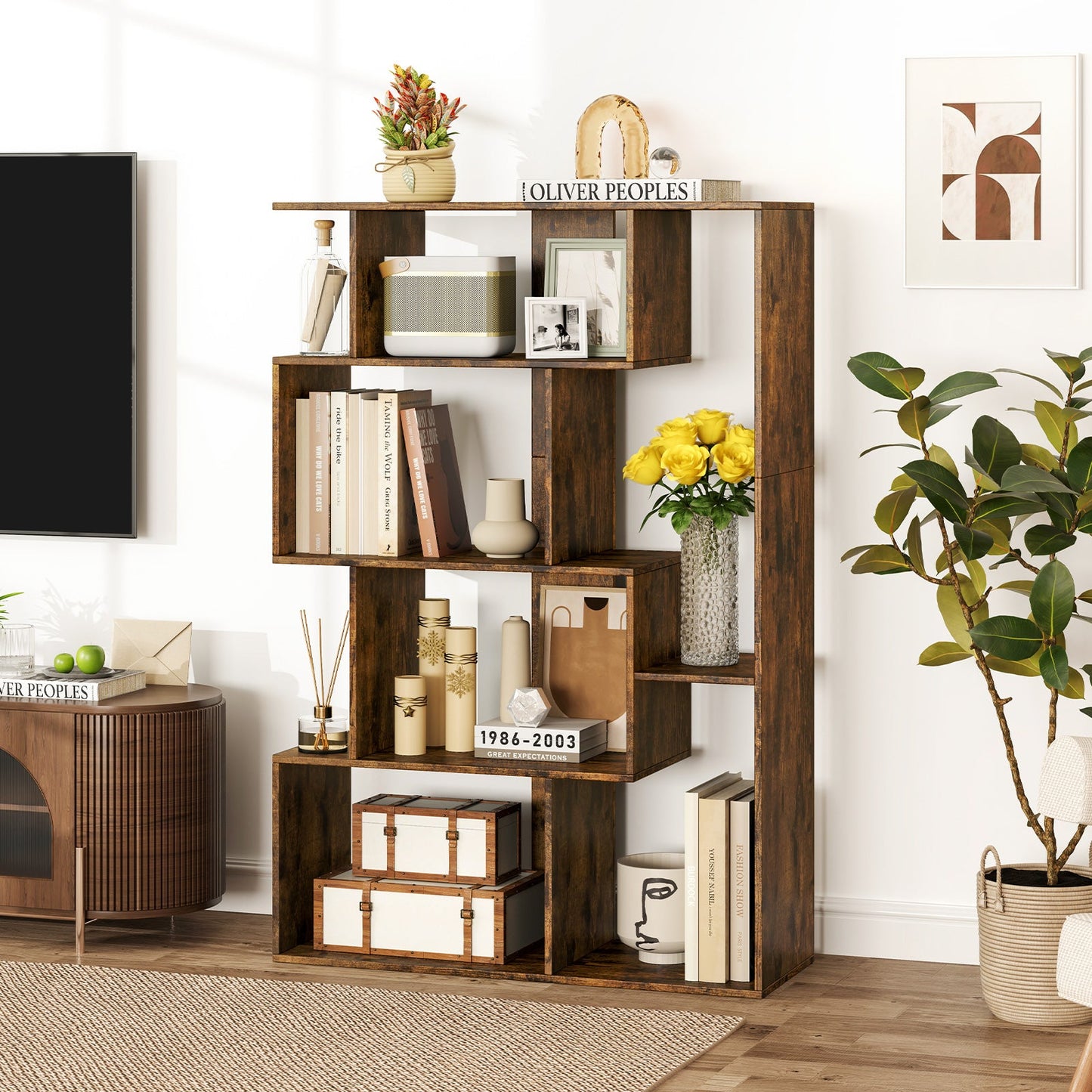 6-Cube Open-back Geometric Bookshelf with Anti-tip Kits-Coffee