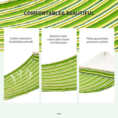 Outsunny Double Cotton Hammock Camping Swing Outdoor Garden Beach Stripe Hanging Bed with Pillow, 188 x 140 cm, 180 KG Capacity, Green