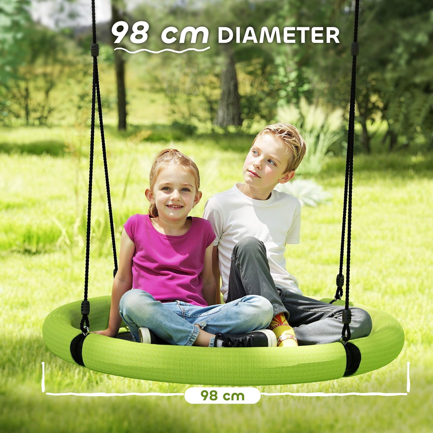 AIYAPLAY 100cm Diameter Nest Seat for Kids with Height Adjustable Hanging Ropes for Outdoor, Playground, Garden, Green