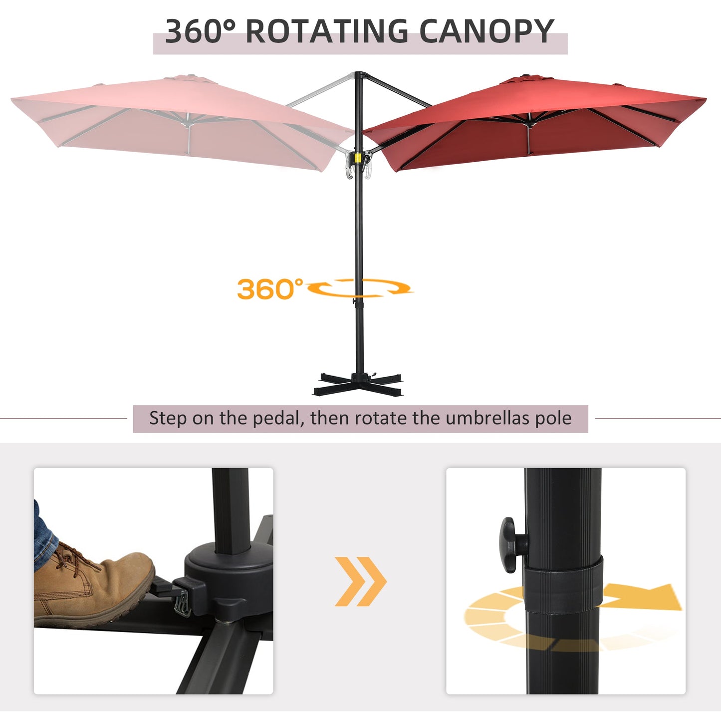 Outsunny 2,5 x 2,5 m Parasol tarasowy z wysięgnikiem, aluminiowy, wiszący, z możliwością obrotu o 360° z korbą i podstawą krzyżową, w kolorze czerwonego wina