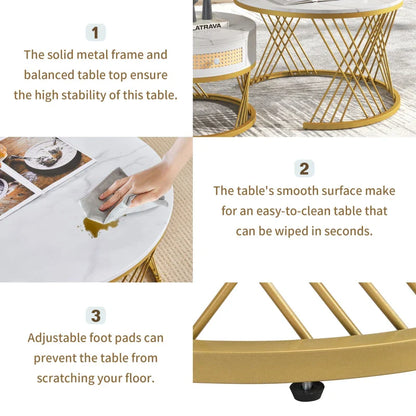 2-in-1 Marble Coffee Table Set with Marble Grain Veneer Top, Rattan Drawers, and Solid Wood Handles, Gold Iron Legs, 70x70x45.5 cm + 50x50x38.5 cm, White+Gold