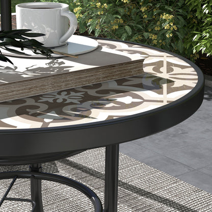 Outsunny Tempered Glass Top Garden Table with Glass Printed Design, Steel Frame, Foot Pads for Porch, Balcony, Tan Brown