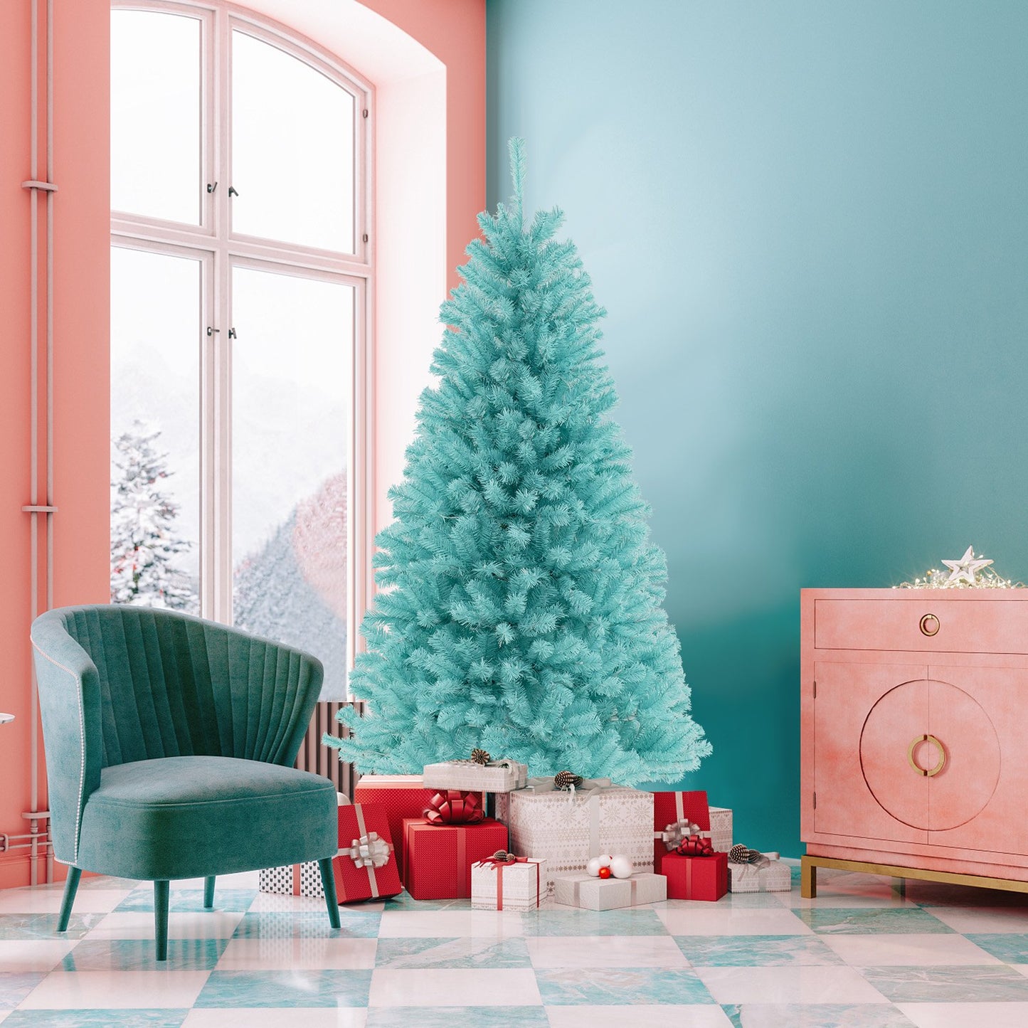 6 Feet Artificial Xmas Tree Pre-Lit with Folding Metal Stand-6FT