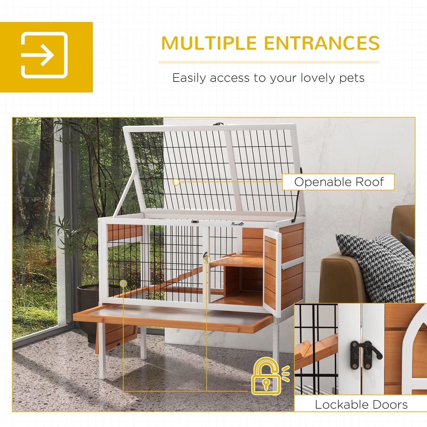 PawHut Wooden Rabbit Hutch, Guinea Pig Cage, with Removable Tray, Openable Roof