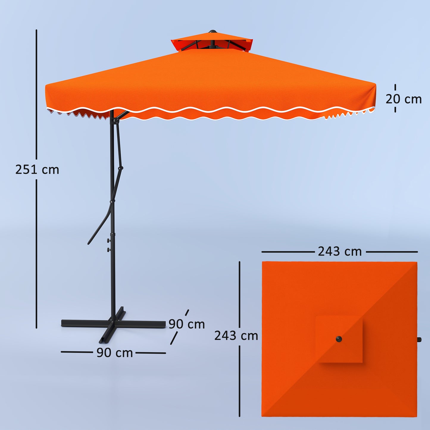 Outsunny 2,5 m parasol wspornikowy z łatwą dźwignią, kwadratowy podwójny parasol ogrodowy z falbankami i poprzeczną podstawą, zwisające osłony przeciwsłoneczne na zewnątrz, pomarańczowy