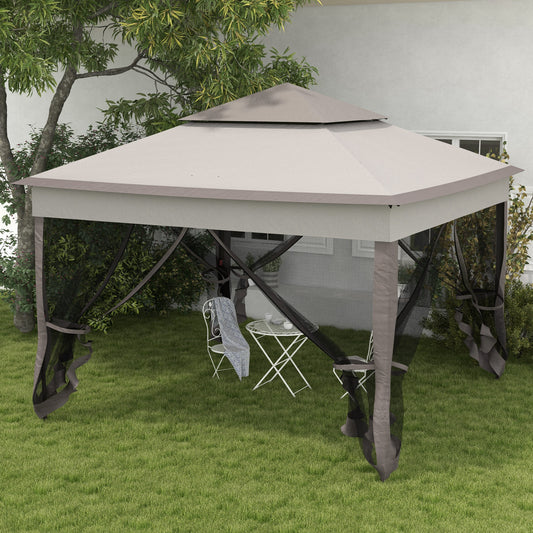 Outsunny 3.25 x 3.25m Pop Up Gazebo, Double-roof Garden Tent with Netting and Carry Bag, Party Event Shelter for Outdoor Patio, Brown and Grey