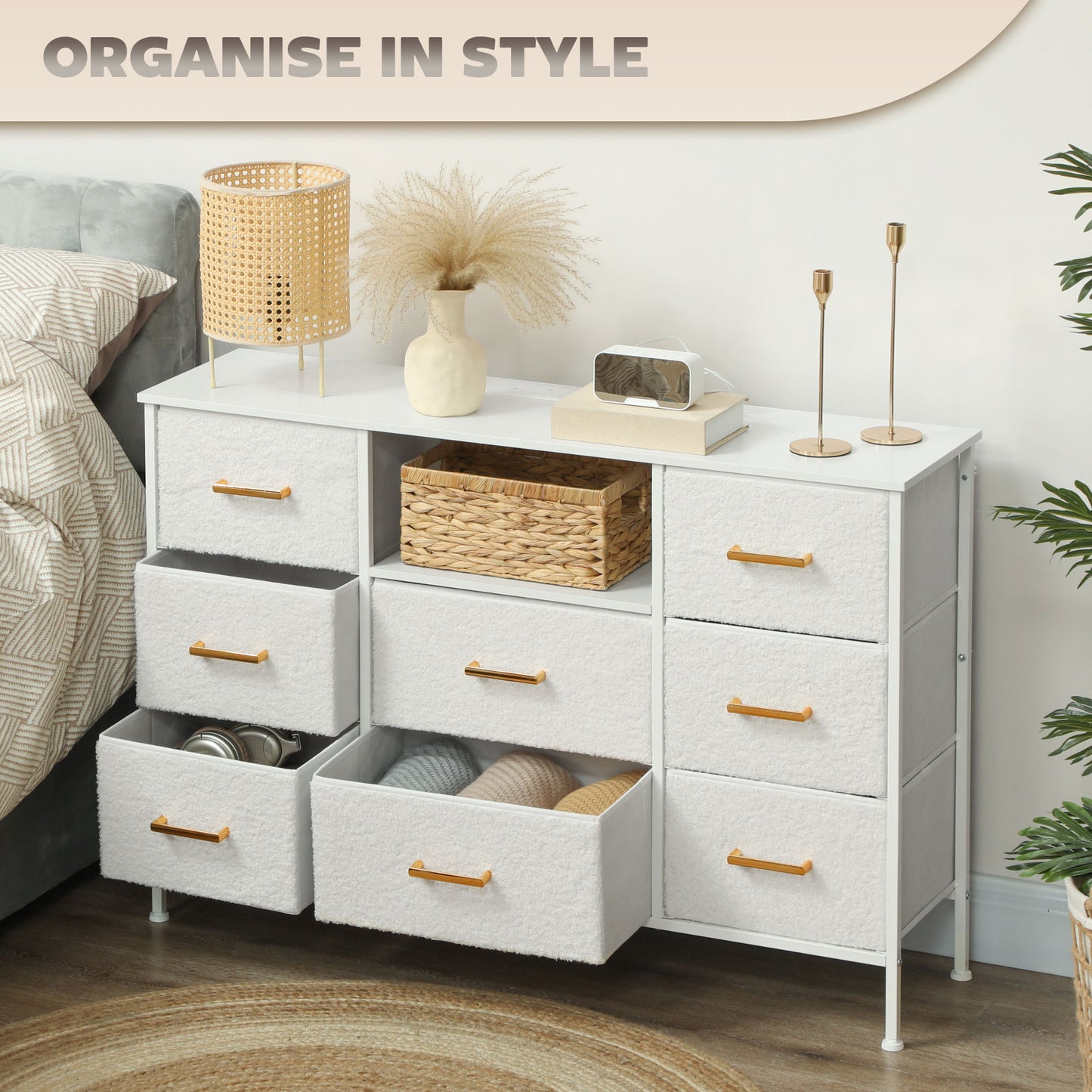 HOMCOM Boucle Chest of Drawers, 8 Fabric Drawers Storage Organiser with Charging Station, 2 USB and 2 AC Ports, Steel Frame, Fabric Dresser for Living Room, Bedroom, Hallway, Cream White