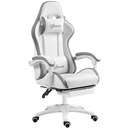 Vinsetto Computer Gaming Chair, PU Leather Desk Chair with Footrest, Swivel Task Chair with 135¡ Reclining Back and Lumbar Support, PC Chair for Adults, White and Grey