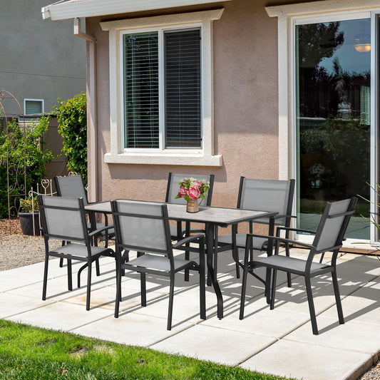 Outsunny 7 Pieces Garden Dining Set, 6 Seater Garden Table and Chairs with Parasol Hole, Outdoor Furniture Armchairs and Stone-like Plastic Top Table with Breathable Mesh Fabric Seat, Grey